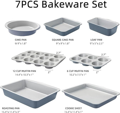 CAROTE 7-Piece Nonstick Stackable Baking Pans Set - Bakeware Sets Including Cookie Sheets for Baking, Muffin Pan, Bread Pan, Cake pan, Loaf Pan, Roasting Pan, Gray & Blue - Image 2