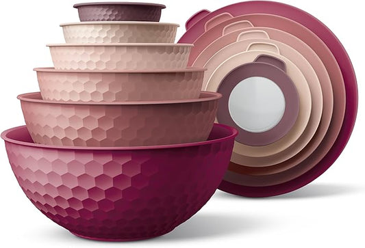 COOK WITH COLOR Mixing Bowls with Lids - 12 Piece Plastic Nesting Bowls Set includes 6 Prep Bowls and 6 Lids, Microwave Safe Mixing Bowl Set, Rose Embossed by CookwithColor