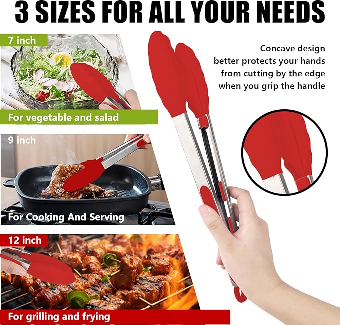 Kitchen Tongs with Silicone Tips, Kitchen Tongs, Cooking Tongs, Premium Stainless Steel Locking Cooking Tongs, Non-Slip Food Tongs for Cooking, Heavy Duty, Non-Stick, 480℉, Set of 3-7"/9"/12" Red - Image 7