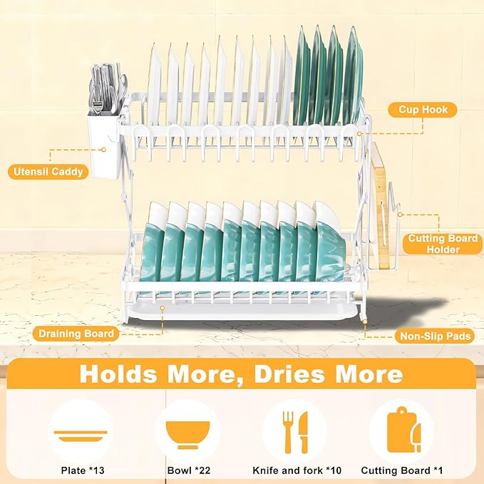 2-Tier Dish Racks for Kitchen Counter, Large Dish Drainers for Kitchens Counter Stainless Steel Kitchen Dishes Drying Rack, Space Saving Dishes Strainer for Bowl, Plate, Cup - Modern Counter Organizer - Image 2