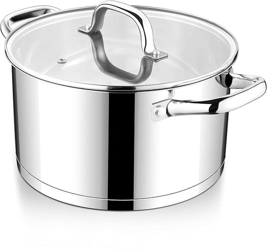 E-far Stainless Steel Stock Pot, 8 Quart Tri-ply Base Cooking Pot with Glass Lid, Induction Soup Pot Compatible with All Stoves, Nontoxic & Thick Bottom, Oven & Dishwasher Safe by E-far