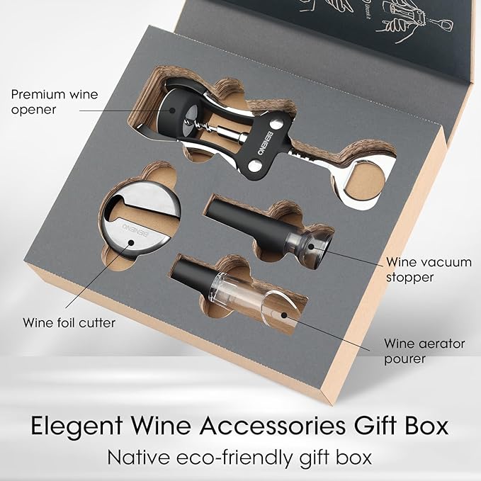 Beneno Multifunctional Wine Bottle Opener Gift Wing Corkscrew, Foil Cutter, Vacuum Stopper & Aerator Pourer, Perfect for Wine Lovers Man Woman, Elegant Black - Image 2