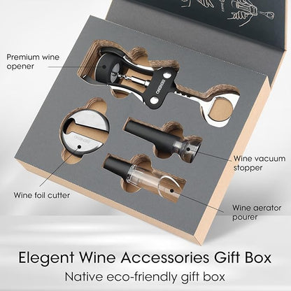 Beneno Multifunctional Wine Bottle Opener Gift Wing Corkscrew, Foil Cutter, Vacuum Stopper & Aerator Pourer, Perfect for Wine Lovers Man Woman, Elegant Black - Image 2