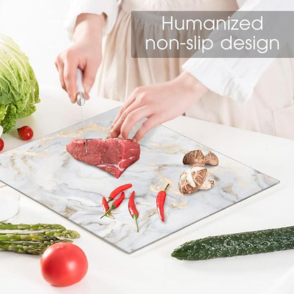 JAMBALAY Tempered Glass Cutting Board for Kitchen, 12"x8" Marble Pattern Cutting Board, Glass Chopping Board with Rubber Non Slip Feet, Heat and Scratch Resistant, Dishwasher Safe, White Golden
