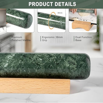 Marble French Rolling Pin for Baking, 12 Inch Non Stick Polished Rolling Pin for Dough, Heavy Dough Roller for Fondant Pizza Pie Crust Cookie Pastry Bread, Kitchen Baking (Indian Green) - Image 3