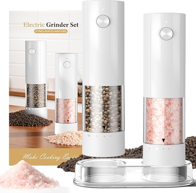 Electric Salt and Pepper Grinder Set - Rechargeable Automatic Salt and Pepper Shakers, Kitchen Appliances with External Adjustable Coarseness, Larger Hopper for Cooking, Home Gifts(2 Pack,White/White) by Unknown