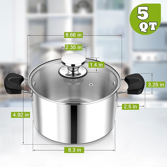 5 Quart 3-Ply Cooking Stock Pot with Lid, P&P CHEF Stainless Steel Large Pot for Pasta Soup, Work on Multi Stove, Heavy Duty & Dishwasher Safe, Dual Heat-resistant Handles & Transparent Glass Lid - Image 2