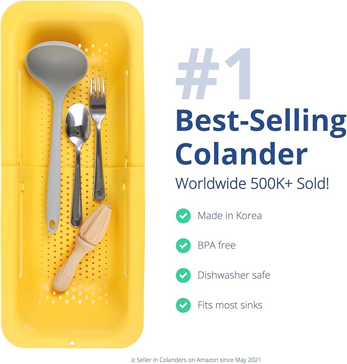 BLUE GINKGO Over the Sink Colander Strainer Basket - Wash Vegetables and Fruits, Drain Cooked Pasta and Dry Dishes - Extendable - New Home Kitchen Essentials (Yellow, 1 Pack) - Image 2