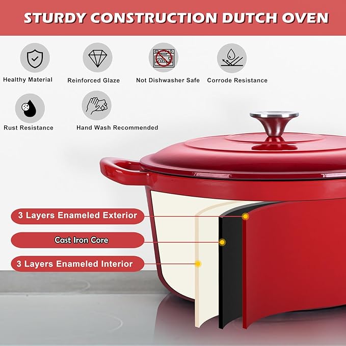 TeamFar Enameled Cast Iron Dutch Oven, 6 Quart Pot with Lid & Dual Handles - Heavy Duty Cookware Oven Safe up to 500° F for Bread Baking, Stews, Braising, Roasting - Red - Image 4