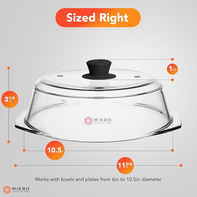 Tall Glass Microwave splatter cover | Sturdy clear 100% food safe BPA free glass lid with easy grip silicone handle | Heavy-duty glass for longer life, Dishwasher safe for easy cleaning - 10.5in - Image 3