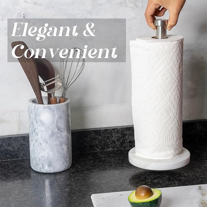 Koville African Genuine Marble Paper Towel Holder Countertop, 6" Stone Base Silver Rod Paper Towel Holder Stand for Kitchen Storage, for Standard or Jumbo-Sized Rolls - Image 8