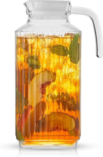 JoyJolt 60oz Glass Pitcher with Lid (2 Lids) - Beverage Serveware and Storage Container for Cold Drinks and Liquids. Juice Container, Water Jug, Fridge Pitcher for Iced Tea or Milk by JoyJolt