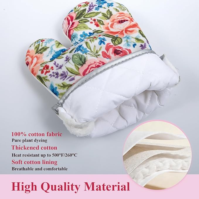 Floral Oven Mitts and Pot Holders Sets 2 Pcs, Canvas Heat Resistant Kitchen Mittens with Hot Pads, Vintage Farmhouse Country Decor, Non-Slip Cooking Baking Grilling Gifts for Women Mom (Flower5)