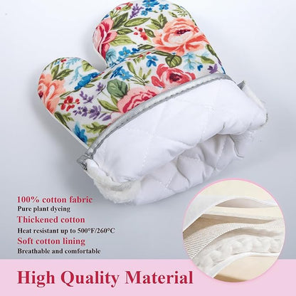Floral Oven Mitts and Pot Holders Sets 2 Pcs, Canvas Heat Resistant Kitchen Mittens with Hot Pads, Vintage Farmhouse Country Decor, Non-Slip Cooking Baking Grilling Gifts for Women Mom (Flower5)