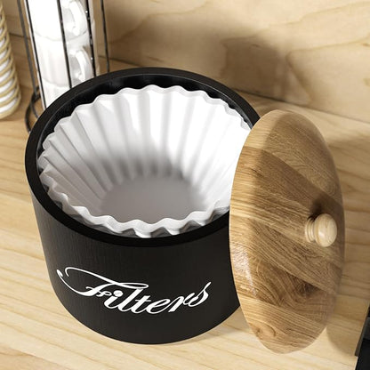 Wooden Coffee Filter Holder with Lid, Basket Storage Container for Counter, Black Small Bar Accessories for Coffee Bar Station(Black Wooden) - Image 4