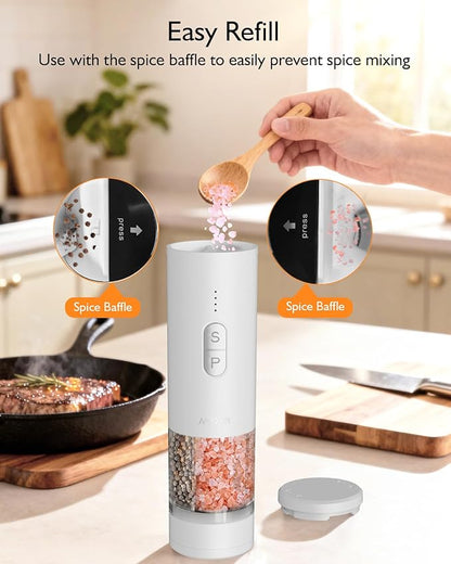 Electric Salt and Pepper Grinder Set, 2 in 1 Dual Bins USB Rechargeable Refillable Automatic Salt and Pepper Mill Shaker with LED Light, Dual Ceramic Grinder Adjustable Coarseness, kitchen gift, white - Image 8