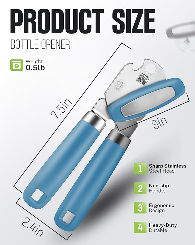 Multifunctional Can Opener Manual, Durable Heavy Duty Handheld Strong Can Opener with Smooth Cutting Edge, Friendly Kitchen Essentials Tool for Seniors, Camping and Bottle Opening-Blue - Image 2
