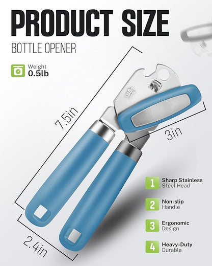 Multifunctional Can Opener Manual, Durable Heavy Duty Handheld Strong Can Opener with Smooth Cutting Edge, Friendly Kitchen Essentials Tool for Seniors, Camping and Bottle Opening-Blue - Image 2