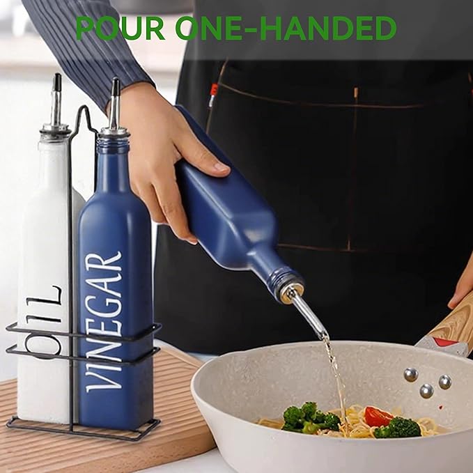 Vakoo Oil and Vinegar Dispenser Set - 17oz/500ml, Extra Thick Glass, Leak-Proof, Olive Oil Dispenser Bottle for Kitchen (White Blue) - Image 6