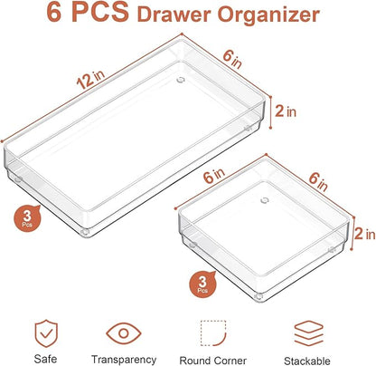 SMARTAKE 6 PCS Clear Plastic Drawer Organizers Set, Large Size Non-Slip Desk Drawer Organizer, 2-Size Versatile Bathroom and Vanity Drawer Organizer Trays for Makeup, Bedroom, Office, Kitchen Utensils