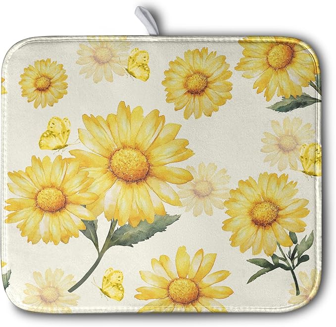 Yellow Sunflower Dish Drying Mat for Kitchen Counter Summer Daisy Floral Dishes Pad Farmhouse Flower Dish Draining Microfiber Absorbent Dish Drainer Rack Mat Large 16x18 Inch by Kwlegh