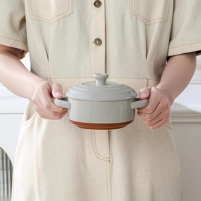MALACASA Mini Cocotte Set - 12 OZ Ramekins with Lids and Handles, Small Casserole Dishes for Oven, Ceramic Small Baking Dish Set of 4, Microwave & Dishwasher Safe, Khaki Grey, Series TARA - Image 9