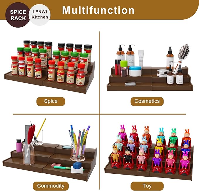 Lenwi Spice Rack Organizer for Cabinet, 3 Tier Expandable Bamboo Spice Storage for Kitchen Cupboard Pantry, Brown - Image 7