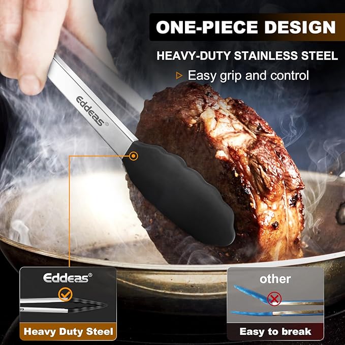Kitchen Tongs with Silicone Tips, Heat Resistant 600 Degrees All Metal handle Locking Tongs For Cooking with Rubber Tips, Heavy Duty Stainless steel Food Tongs, Set of 3-7" 9" & 12" Black - Image 2