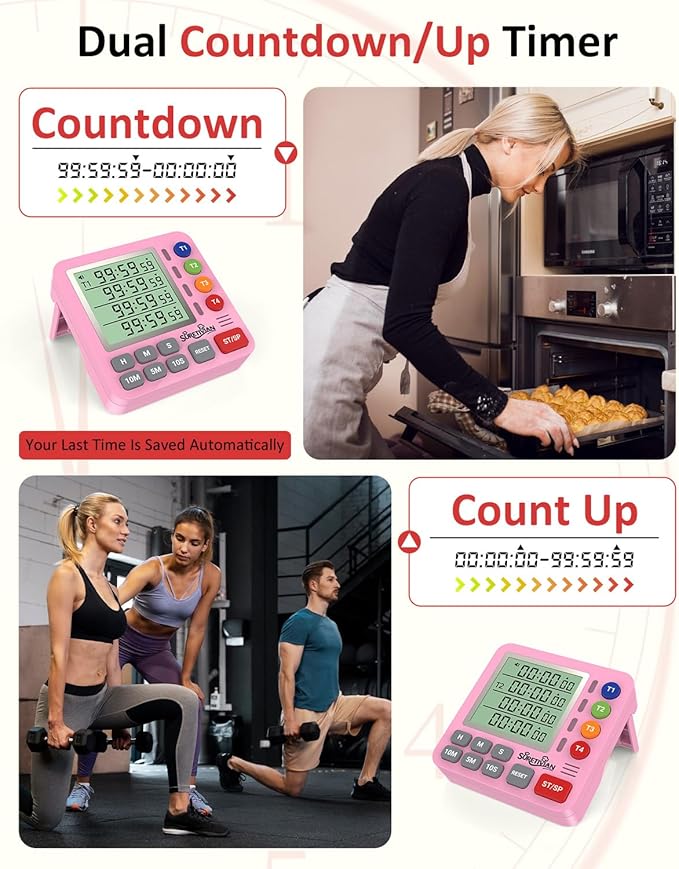 Digital Kitchen Timer for Cooking - 4 Channel Count Up Countdown Timer with Loud Alarm and Silent Mode, Large Display, Magnetic Back, Auto Memory for Classroom Study Gym, Battery Included (Pink) - Image 6