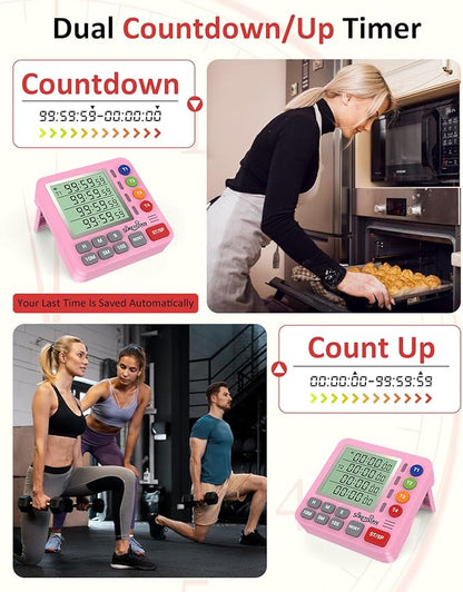 Digital Kitchen Timer for Cooking - 4 Channel Count Up Countdown Timer with Loud Alarm and Silent Mode, Large Display, Magnetic Back, Auto Memory for Classroom Study Gym, Battery Included (Pink) - Image 6