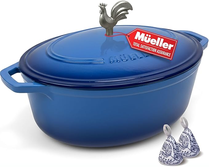 MUELLER HOME 5.5 Quart Enameled Cast Iron Oval Dutch Oven w Rooster Knob & Cotton Potholders, Heavy-Duty Cookware, Oven-Safe up to 500° F & Across All Cooktops, Gifts for Grandma & Women, Aqua Blue by MUELLERHOME