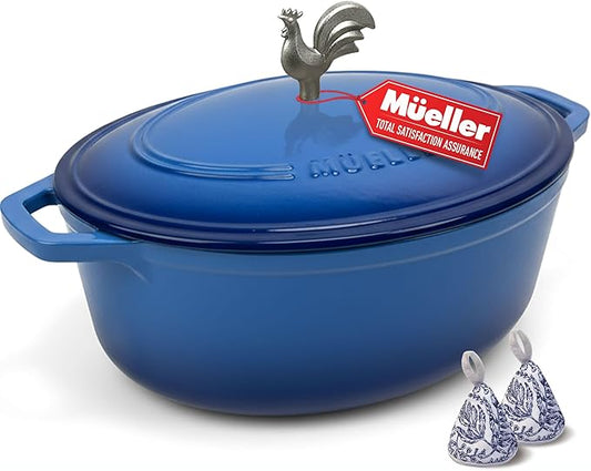 MUELLER HOME 5.5 Quart Enameled Cast Iron Oval Dutch Oven w Rooster Knob & Cotton Potholders, Heavy-Duty Cookware, Oven-Safe up to 500° F & Across All Cooktops, Gifts for Grandma & Women, Aqua Blue by MUELLERHOME