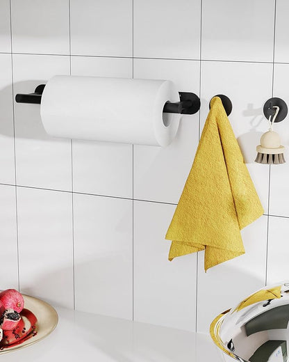 Paper Towel Holder Under Cabinet, Self Adhesive or Wall Mounted SUS304 Stainless Steel Paper Towel Holder for Kitchen, Bathroom(2 Towel Hooks, Matte Black) - Image 4