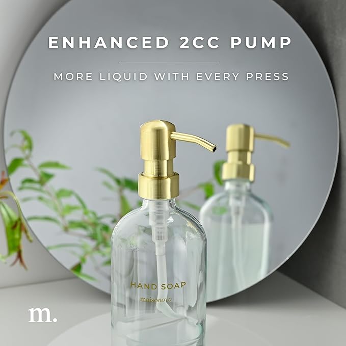 MaisoNovo Soap Dispenser 2-Piece Set | 16.9oz Clear Bottles with Gold Stainless Steel Pump Core