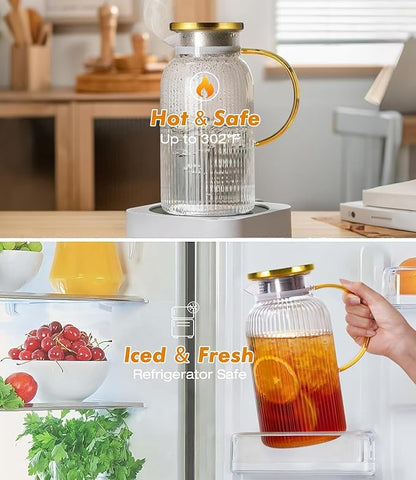 2 PACK Glass Pitcher with Lid 64 oz, Classic Vertical Stripes Pitcher with Lid and Handle, Water Jug for Hot/Cold Drinks, Borosilicate Glass Carafe for Coffee, Iced Sun Tea, Juice, Sangria - Image 3