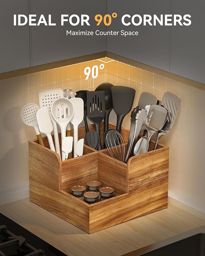 Yofidra Kitchen Utensil Holder with Stone Drying Mats, 4 Compartments Corner Utensil Holder for Kitchen Countertop, Extra Large Silverware Organizer (Wood Color)