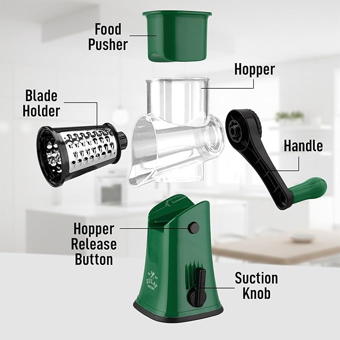 Zulay Kitchen Rotary Cheese Grater 5 Blade Cheese Shredder - Manual Hand Crank Cheese Grater With Reinforced Suction & 5 Interchangeable Drums - Easy to Use, Vegetable Chopper Round Mandoline Slicer - Image 8