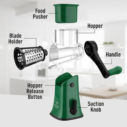 Zulay Kitchen Rotary Cheese Grater 5 Blade Cheese Shredder - Manual Hand Crank Cheese Grater With Reinforced Suction & 5 Interchangeable Drums - Easy to Use, Vegetable Chopper Round Mandoline Slicer - Image 8