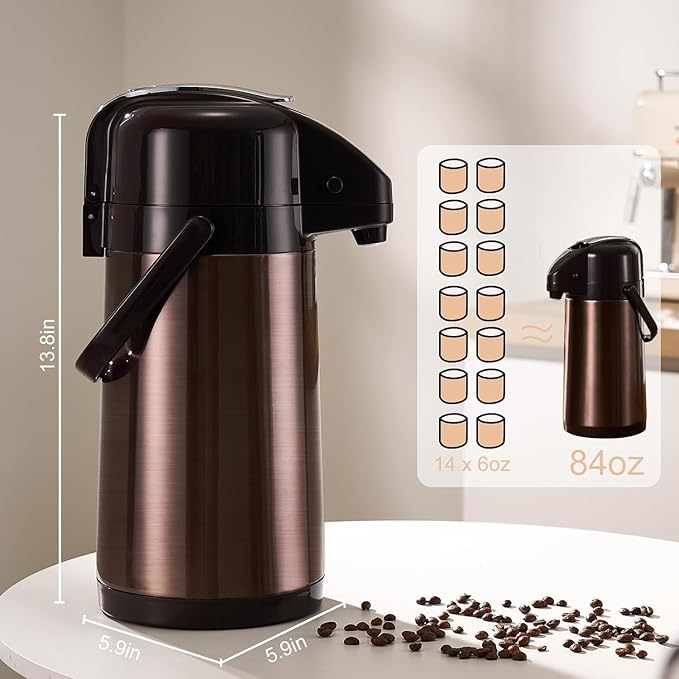 PARACITY Upgraded Airpot Coffee Carafe with Double Pump, Stainless Steel Drink Dispenser for Hot/Cold Beverage with Lazy Susan Base for Hot Cocoa for Parties (2 Pack - Gold Brown, 84.5 Ounces)