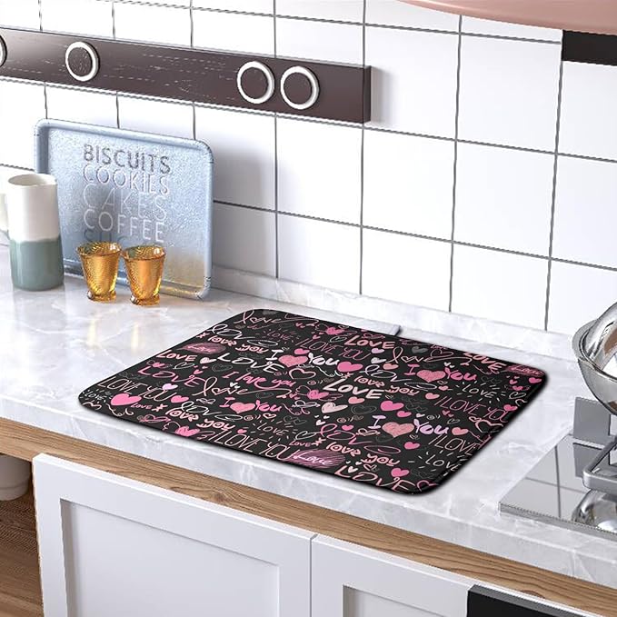 Mother's Day Dish Drying Mat for Kitchen Counter Love Heart Black Drying Mats Absorbent Reversible Microfiber Dish Pad Washable Dish Draining Mat Extra Large 16x18 inch - Image 5
