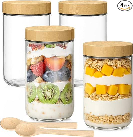 TBWIND 4 Pack 24oz Glass Jars with Bamboo Lids, Spoons, Airtight Overnight Oats Containers, Wide Mouth Mason Jars, Food Storage Container for Yogurt Salad Snacks Spice Sugar Meal Prep – Reusable