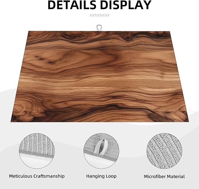 Wood Grain Dish Drying Mat Brown Vintage Natural Walnut Wooden Board Drying Rack Pad Countertop Dishes Ultra Absorbent Microfiber Kitchen Counter Mats 18x24 Inch