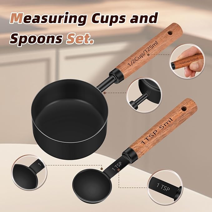 Stainless Steel Measuring Cups and Spoons Set of 8, Stackable Wooden Handle Metal Measuring Cup & Spoon Set with Metric & US Measurements, Rustic Farmhouse Kitchen Gadgets for Dry & Liquid Ingredients
