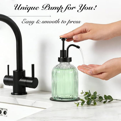 SheeChung Clear Glass Soap Dispenser, 12 Oz Liquid Hand Soap Dispenser with Pump, Refillable Lotion Dish Soap Dispenser for Kitchen, Stripes Shampoo Bottle, Bathroom Countertop (Black Pump, 1 Pack)