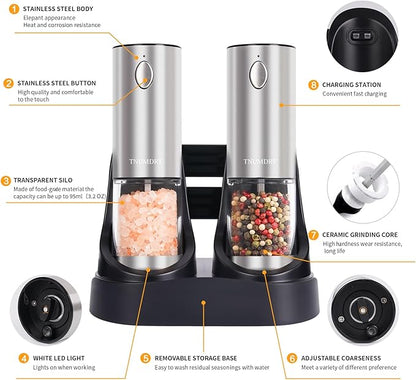 Stainless steel Electric Salt and Pepper Grinder Set,Large Capacity Automatic Pepper Mill Grinder with Upgraded Rechargeable Charge Base and LED Light,Adjustable Coarseness, Easy to clean