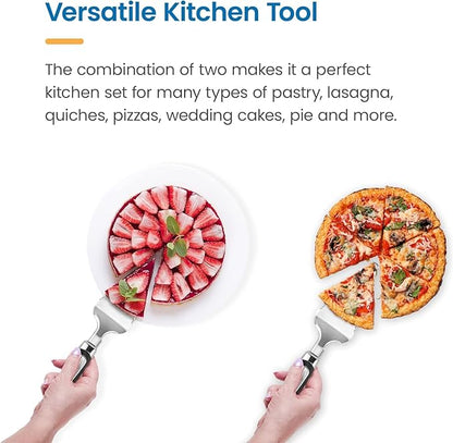 Pie Server Spatula and Cake Cutter Slicer, Stainless Steel Set - Kitchen Essentials for Cutting & Serving Desserts, Brownies, Lasagna (Black, 13 inches)