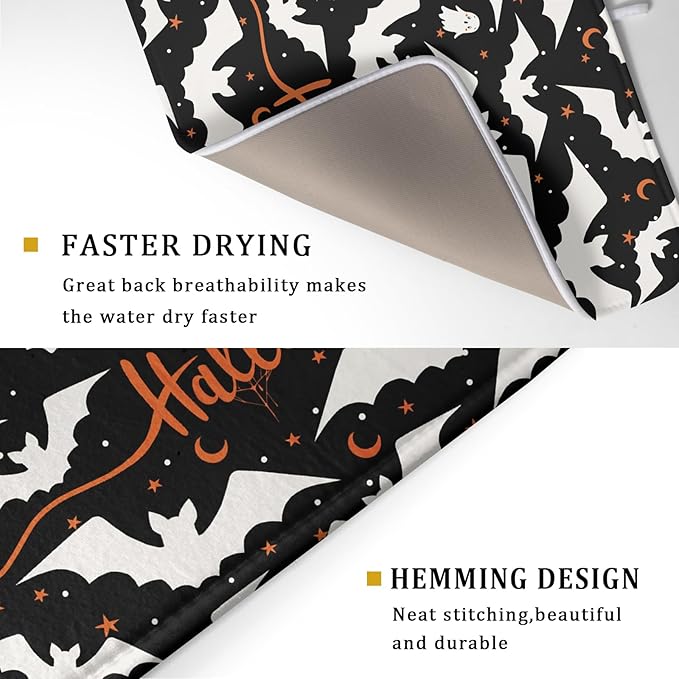 Halloween Drying Mats for Kitchen Counter 18”x24” Happy Halloween Spooky Bat Dishes Pad Microfiber Absorbent Fast Dry Dish Draining Mats Halloween Kitchen Decor Table Protector for Bar Countertop