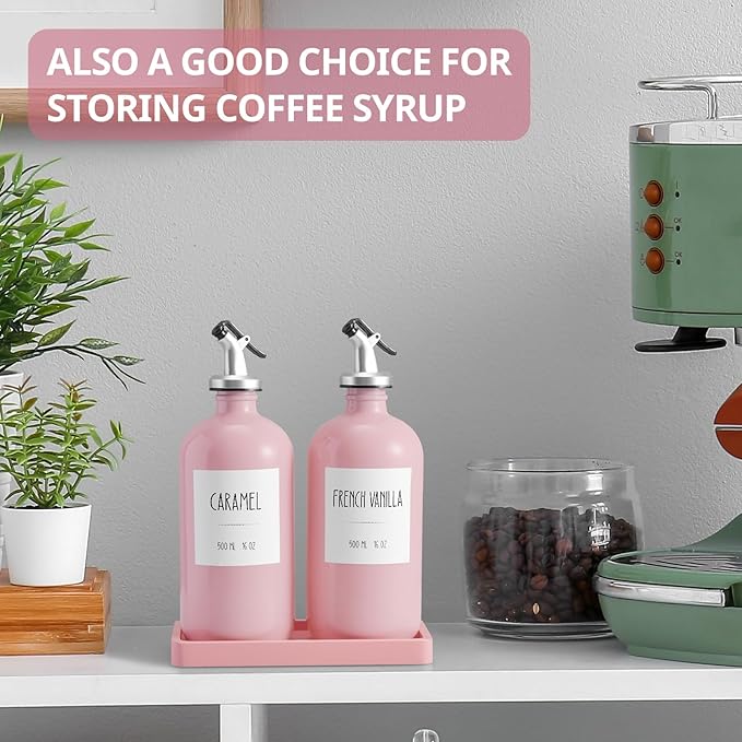 Olive Oil Dispenser Bottle for Kitchen, 16oz Glass Oil and Vinegar Dispenser Set with Wood Tray & 54 Labels - Coffee Syrup Dispenser - Pink Kitchen Decor and Accessories - Set of 2 - Image 5