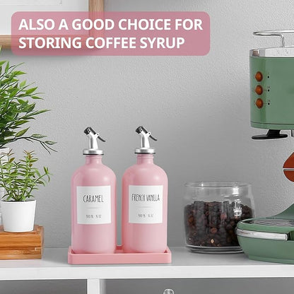 Olive Oil Dispenser Bottle for Kitchen, 16oz Glass Oil and Vinegar Dispenser Set with Wood Tray & 54 Labels - Coffee Syrup Dispenser - Pink Kitchen Decor and Accessories - Set of 2 - Image 5