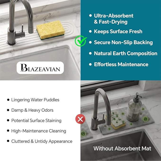 Stone Faucet Mat for Kitchen Sink-Diatomite Drying Stone Mat& Sink Protector,Quick Dry Water Absorbing Stone Tray ,Sink Splash Guard for Kitchen Counter & Bathroom Counter(White, 23.6"X3.9") - Image 6